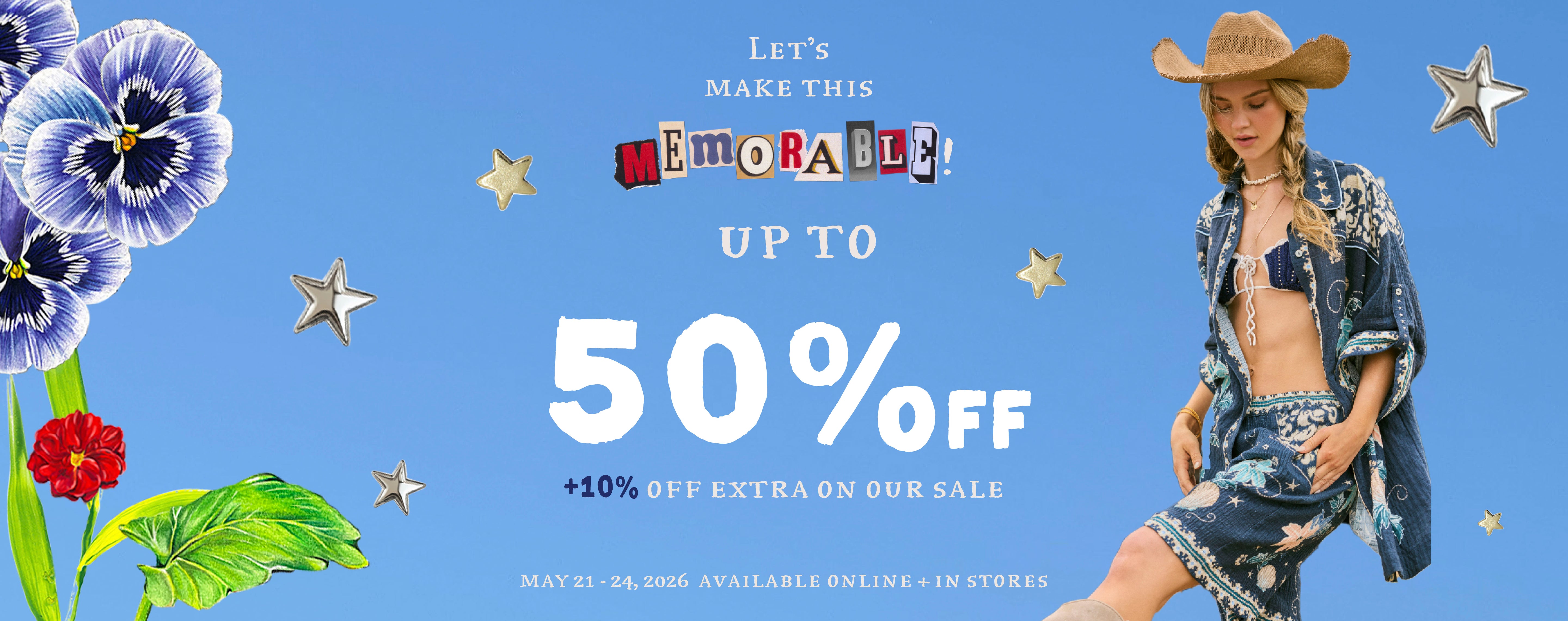 Wide Memorial Sale promotional banner showing a model in a blue western-style outfit and cowboy hat beside floral illustrations and sale text advertising up to 50% off plus an extra 10% discount available online and in stores from May 21–24, 2026.