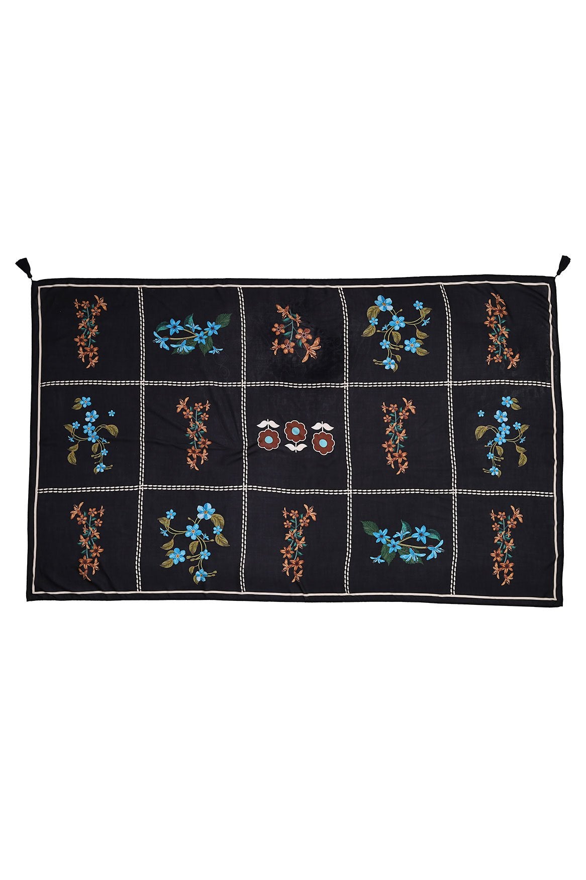Black pareo cover-up with white contrast stitching grid and pattern detail embroidery in blue and coral tones